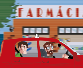 Ilustração de um carro vermelho com um motorista homem com cabelo e barba castanho. Atrás está um passageiro homem com cabelo curto preto. Fora do carro, ao fundo há parte de uma árvore no canto esquerdo e ao lado a fachada de uma farmácia desfocada.