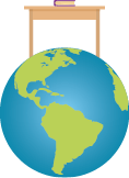Ilustração do planeta Terra com uma mesa apoiada na superfície superior do planeta. Sobre a mesa há um livro.