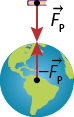 Ilustração do planeta Terra com um ponto no centro e uma seta vertical apontada para cima, indicada por menos vetor F maiúsculo, P maiúsculo. Acima do planeta há um livro com um ponto no centro e uma seta vertical apontada para baixo, indicada por vetor F maiúsculo, P maiúsculo. As duas setas estão alinhadas.