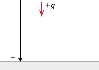 Ilustração de uma seta vertical apontando para baixo, na direção do solo, e indica o sinal de mais. Ao lado, há uma seta vertical menor, apontando para baixo, indicada por mais g.