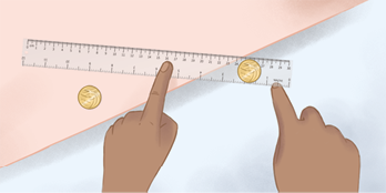 Ilustração de duas mãos segurando uma régua graduada que está na borda de uma bancada, com uma extremidade para dentro da bancada e a outra extremidade está para fora da bancada. Há uma moeda na bancada, próxima a régua e próximo a borda da bancada. Outra moeda está sobre a extremidade da régua que está fora da superfície da bancada.