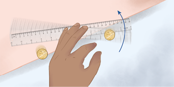 Ilustração de uma mão girando a régua em movimento anti-horário, na qual uma seta indica o movimento. A moeda que estava sobre a régua, é representada caindo no chão e a outra extremidade da régua empurra a moeda que está no balcão.