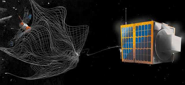 Ilustração de um satélite com formato retangular, em que uma das faces é formada por placas de energia. Por outra face, sai uma corda com uma grande rede na ponta que prende outro satélite menor.