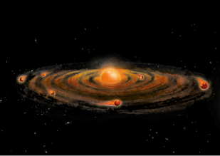 Ilustração do espaço, com uma estrutura com uma região alaranjada e brilhante no centro, uma região circular de coloração marrom em volta com formato espiral e algumas esferas avermelhadas.