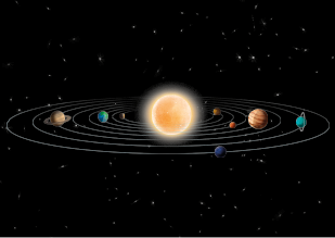 lustração do Sistema Solar. No centro, está o Sol, e ao redor, estão as elipses com os planetas. Ao fundo, há muitas estrelas pelo espaço.