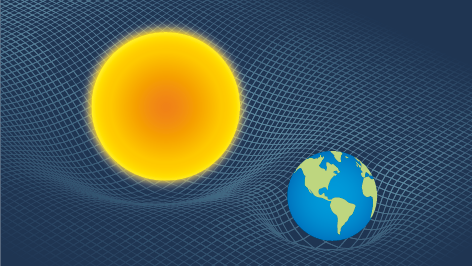 Ilustração de uma esfera amarela brilhante representando o Sol e uma esfera menor azul representando a Terra. As duas esferas estão sobre uma malha quadriculada que se ajusta ao formato das esferas, formando ondulações na malha.