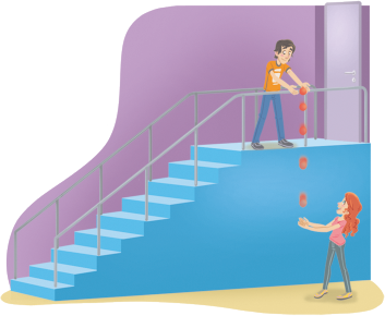 Ilustração de um homem na parte superior de uma escada, em frente a uma porta, lançando uma bola vermelha para baixo. Na parte inferior da escada, localizada abaixo do homem, há uma mulher com a mão estendida para receber a bola.