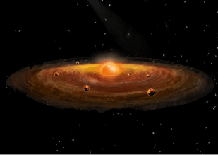 Ilustração do espaço com uma estrutura com uma região alaranjada e brilhante no centro, com uma região circular de coloração marrom em volta com formato espiral e algumas esferas avermelhadas.