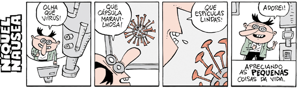 Tirinha com quatro quadrinhos e com o nome à esquerda: Níquel Náusea. Q1. Um homem com cabelos arrepiados e usando óculos analisa a tela de um microscópio e fala: olha que vírus! Q2. Foco em parte do rosto do homem, olhando para a tela, onde há uma forma esférica, com várias hastes em volta, que se assemelham a pregos de cor laranja. Ele diz: que cápsula maravilhosa! Q3. A imagem se aproxima ainda mais das hastes que se assemelham a pregos e o homem diz: que espículas lindas! Q4. O homem está sorrindo ao lado do equipamento microscópico. Ele diz: adorei! Abaixo está a seguinte frase: Apreciando as pequenas coisas da vida, com a palavra pequenas destacada.