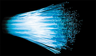 Ilustração de vários fios juntos, com cores azul neon, que se decompõe ao final.