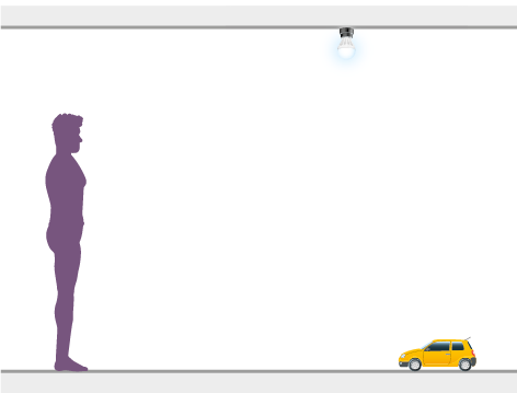 Ilustração de uma pessoa em pé, olhando em direção a um carrinho de brinquedo que está no chão, a uma certa distância dele. À esquerda e acima do carro há uma lâmpada acesa.