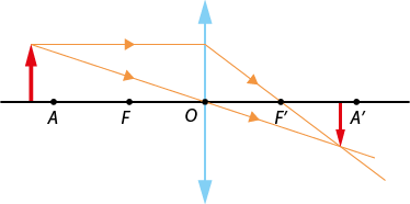 Ilustração com uma reta horizontal com os pontos A, F, O, F linha, A linha, nessa ordem, da esquerda para a direita. À esquerda do ponto A há uma seta, verticalmente para cima, iniciando na reta. Entre os pontos F e A linha também há uma seta, menor, verticalmente para baixo, iniciando na reta. No ponto O passa um segmento vertical, com uma seta para cima na extremidade superior e uma seta para baixo na extremidade inferior. Há duas linhas com setas que saem da ponta da seta maior, uma segue inclinada para baixo, passando pelo ponto O e indo até a ponta da seta menor. E a outra segue horizontalmente para a direita até o segmento na vertical, depois tem inclinação para baixo, passando pelo ponto F linha e chega até a ponta da seta menor.