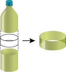 Ilustração de uma garrafa pet com a indicação de corte na parte superior e inferior, sobrando apenas uma região cilíndrica central.