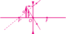 Ilustração de uma reta horizontal com os pontos F linha, O, F, nessa ordem, da esquerda para a direita. Entre os pontos F linha e O há uma seta o, verticalmente para cima, e há uma seta i ao lado, menor e mais próxima de O, também verticalmente para cima. No ponto O passa um segmento vertical, com uma seta para baixo na extremidade superior e uma seta para cima na extremidade inferior. Há duas linhas com setas que saem da ponta da seta o, uma segue horizontalmente para a direita até o segmento vertical, depois segue inclinada para cima e a extensão dessa linha vai até o ponto F linha, passando pela ponta da seta i. A outra segue inclinada passando pelo ponto O, e pela ponta da seta i.