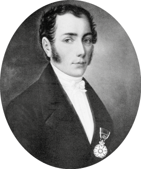 Pintura em preto e branco de busto de um homem, com cabelo curto, terno e uma medalha no peito.