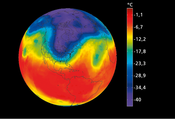 Esquema com o planeta terra representado em variadas cores com uma escala ao lado indicando a correspondência da cor de acordo com a temperatura. A temperatura varia de menos 1,1 graus Celsius na cor vermelho a menos 40 graus Celsius, na cor roxo. Entre essas cores, também estão tons de laranja e amarelo, verde e azul. No planeta Terra está aparente o continente americano, na qual, a América do Norte está em azul e roxo, já a América Central e do Sul estão representadas pela cor vermelha.