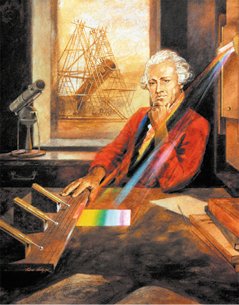 Pintura de um homem sentado diante de uma mesa, com o braço apoiando a cabeça. Com a outra mão ele segura um equipamento sobre a mesa, na qual ao lado há um retângulo com faixas coloridas e há feixes de luzes coloridas, vindos de um suporte superior que está na parede ao lado. O homem tem cabelos bancos, usa blusa vermelha e ao fundo há um telescópio sobre uma bancada.