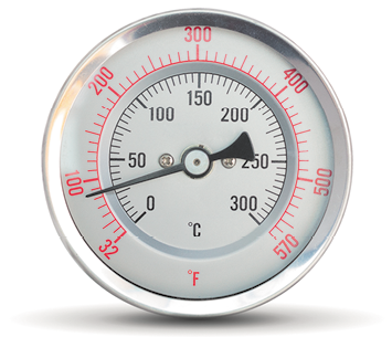 Fotografia de um termômetro com formato circular. A borda é graduada, com valores entre 32 e 570 graus Fahrenheit, em vermelho. E a parte interna é graduada com valores de 0 a 300 graus celsius, em preto. No centro há um ponteiro indicando um valor próximo de 100 graus Fahrenheit e entre 0 e 50 graus Celsius.
