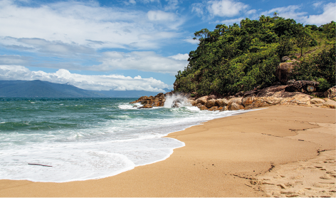 Fotografia de uma praia com mar ao fundo. Ao lado da areia há um pequeno morro com vegetação.