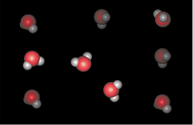 Ilustração de nove moléculas espalhadas, cada uma delas é formada por uma esfera vermelha no meio e duas brancas menores, uma em cada lado.