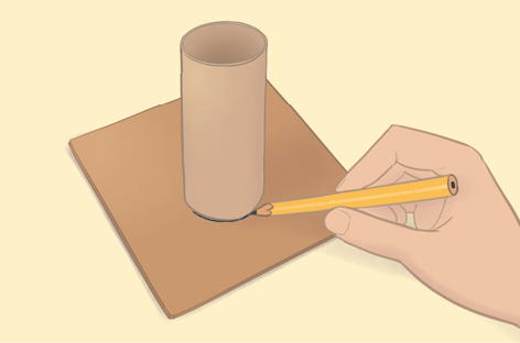 Ilustração de um tubo de papelão cilíndrico sobre uma superfície retangular. Ao lado, há uma mão segurando um lápis que contorna a base circular do tubo, riscando a superfície.