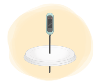 Ilustração de um termômetro digital de culinária no centro de uma tampa circular. A ponta do termômetro está na parte de baixo da tampa.