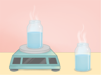 Ilustração de um recipiente de vidro com água quente e saindo vapor. Ele está sobre uma balança digital. No lado direito da balança há um outro recipiente de vidro com água quente e saindo vapor.