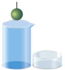 Ilustração de um recipiente de vidro cilíndrico cheio de água. Em cima do recipiente há uma esfera pendurada. E ao lado do recipiente há um outro recipiente cilíndrico, menor e vazio.