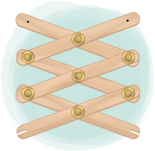 Ilustração de um par de palitos de sorvete que estão em formato X, com as duas pontas de cima com marcação de um ponto em cada lado. Há uma tarraxa no meio do X; as duas pontas de baixo estão unidas com tarraxas, por mais dois palitos de sorvete que estão em formato de X. Há uma tarraxa no meio desse outro X; e as duas pontas de baixo estão unidas com tarraxas, por mais dois palitos de sorvete que estão em formato mais um X e há uma tarraxa no meio desse X. As pontas de baixo estão com um vão em cada lado.