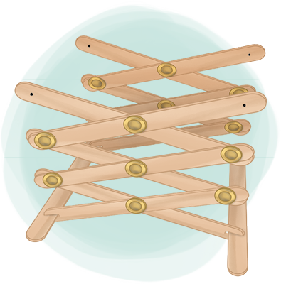 Ilustração de duas estruturas formadas com 6 palitos de sorvete cada uma, que possuem formato de X, presas por tarraxas. As duas estruturas são presas em dois palitos na parte inferior.