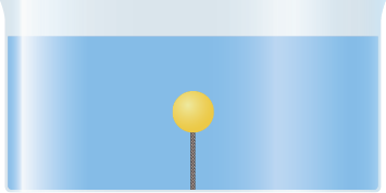 Ilustração de um recipiente de vidro com água. No meio do recipiente há uma esfera que está presa a um cabo que sai da base do recipiente.