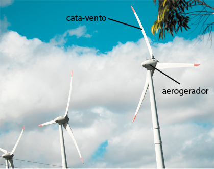 Fotografia de três aerogeradores lado a lado. Cada pá do aerogerador é indicada por cata-vento.