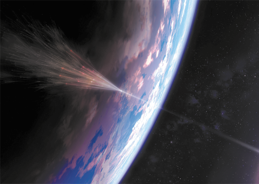 Ilustração de uma parte do planeta Terra visto do espaço. Há um rastro de um objeto que vem do espaço em direção a atmosfera do planeta. Próximo ao planeta, o rastro aumenta como uma explosão.