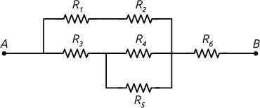Ilustração de uma linha horizontal de A até B, no meio da linha há três resistências R 3, R 4 e R 6. Há uma linha que se inicia entre os pontos A e a resistência R 3, e termina entre as resistências R 4 e R 6. Esta linha se torna paralela a linha A e B, com resistências R 1 que está alinhada a resistência R 3 e a resistência R 2 que está alinhada a resistência R 4. Abaixo, há uma nova linha que se inicia entre as resistências R 3 e R 4, e termina entre as resistências R 4 e R 6, com uma resistência R 5 sendo paralela a resistência R 4.
