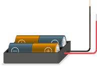 Ilustração de uma caixa de pilhas com duas pilhas. Há dois fios saindo da lateral da caixa