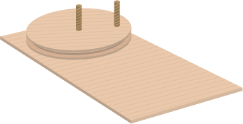 Ilustração de uma placa retangular de papelão, na qual o lado esquerdo há três circunferências de madeira sobrepostas compondo um disco. Há um parafuso no centro do disco e outro no lado direito.
