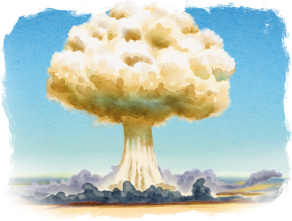 Ilustração de uma grande fumaça de explosão subindo no céu, com formato semelhante ao de um cogumelo. Ao fundo o céu está azul.