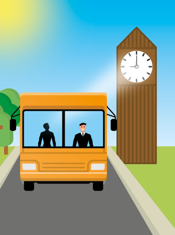 Ilustração da frente de um ônibus, com um motorista e a silhueta de uma pessoa ao seu lado. O ônibus está em uma rua e ao lado há uma torre com um relógio em sua parte superior marcando 9 horas. No canto superior esquerdo está o sol.
