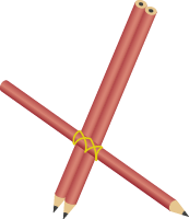 Ilustração de dois lápis juntos, paralelos, com outro lápis perpendicular aos dois primeiros, presos com elástico.