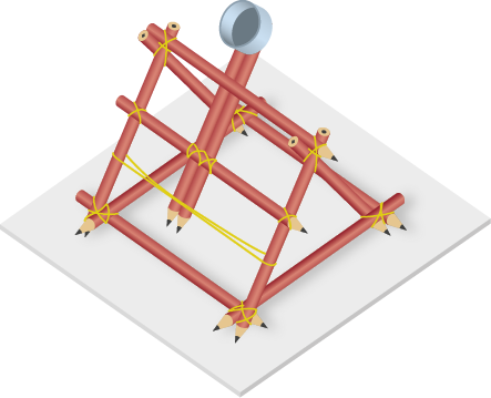 Ilustração de uma alavanca construída com junção de alguns lápis, elásticos e uma tampa pet na extremidade superior.