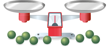 Ilustração de uma balança com dois pratos vazios e equilibrada. Na frente há 9 bolas verdes espalhadas.