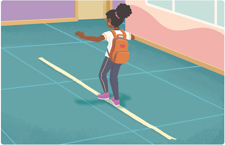 Ilustração de uma menina com uma mochila nas costas andando sobre um segmento de reta desenhado no chão e mantendo o equilíbrio.