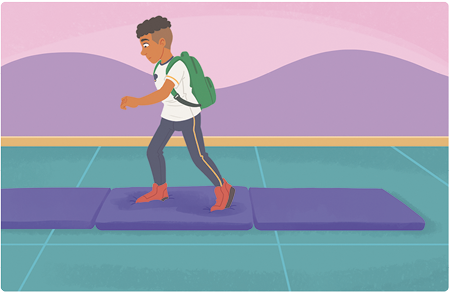 Ilustração de um menino com mochila nas costas passando por cima de colchonetes que estão no chão.