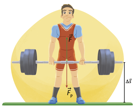Ilustração de um homem, em pé e com o corpo reto, segurando na altura das coxas uma barra com pesos, que está a uma altura delta s do chão. Do centro da barra sai o vetor verde F, verticalmente para cima, e o vetor vermelho F p, verticalmente para baixo.