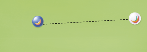 Ilustração de duas bolinhas, uma branca e outra azul, ligadas entre si por um segmento de linha tracejado.