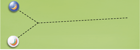 Ilustração de duas bolinhas, uma branca e outra azul, das quais saem dois caminhos tracejados, que se unem depois de uma distância.