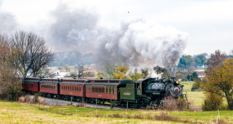 Fotografia de uma locomotiva em um trilho, com fumaça saindo da parte frontal. Ela está passando por uma vegetação de grama e árvores.