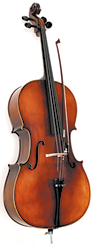 Fotografia de um violoncelo de madeira com um arco preso a ele.