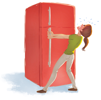 Ilustração de uma mulher fazendo força para abrir a porta da geladeira. Ela está puxando a porta com braços estendidos e o corpo inclinado para trás.