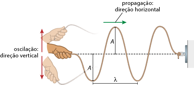 Ilustração de uma mão segurando uma corda à esquerda e que está presa na lateral direita. A mão faz um movimento para cima e para baixo, formando uma oscilação na direção vertical. A corda segue o formato de onda, com a altura A para cima e para baixo, em relação ao meio. Uma onda possui distância lambda e há uma seta horizontal apontada para a direita indicando a propagação na direção horizontal.
